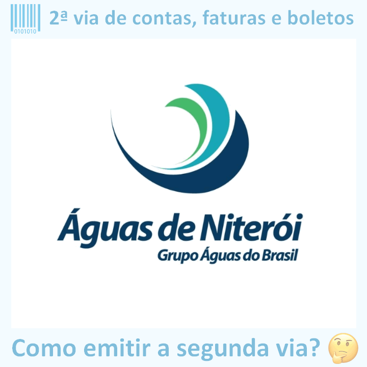 Logo da empresa ÁGUAS DE NITERÓI adaptado com ícone, nome do site e a pergunta ‘Como emitir a segunda via?’