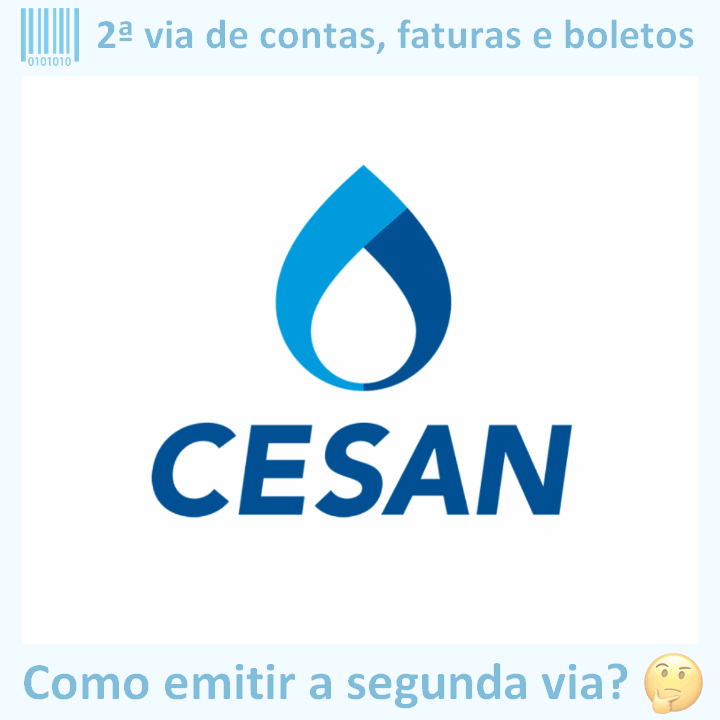 Logo da empresa CESAN adaptado com ícone, nome do site e a pergunta ‘Como emitir a segunda via?’