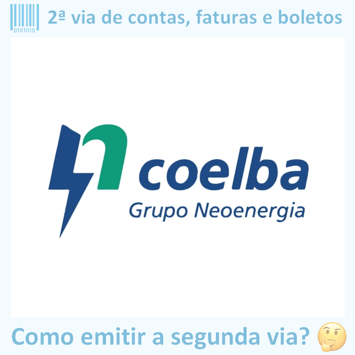 Logo da empresa COELBA adaptado com ícone, nome do site e a pergunta ‘Como emitir a segunda via?’