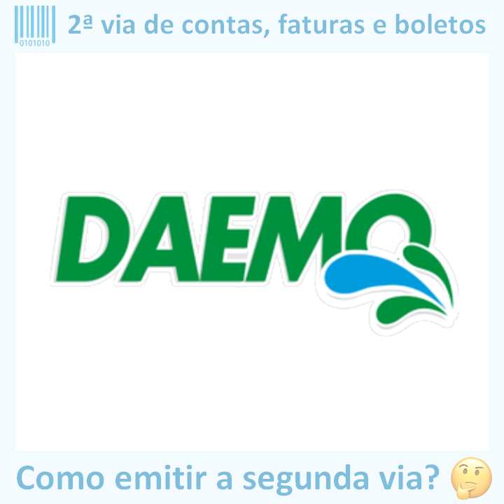 Logo da empresa DAEMO adaptado com ícone, nome do site e a pergunta ‘Como emitir a segunda via?’