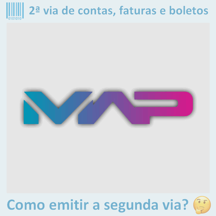 Logo da empresa MAP TELECOM adaptado com ícone, nome do site e a pergunta ‘Como emitir a segunda via?’