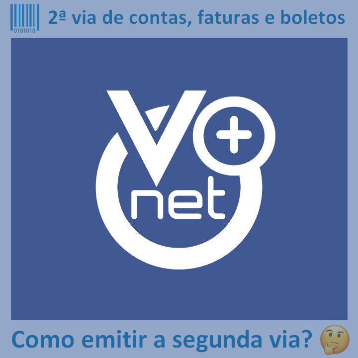 Logo da empresa V+NET adaptado com borda azul e descrição sobre 2ª via